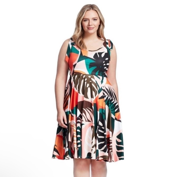 ModCloth Hutch Plus Size Women’s Tropical Shoulder Tie Midi Dress Fit Flare 3X - Picture 4 of 14